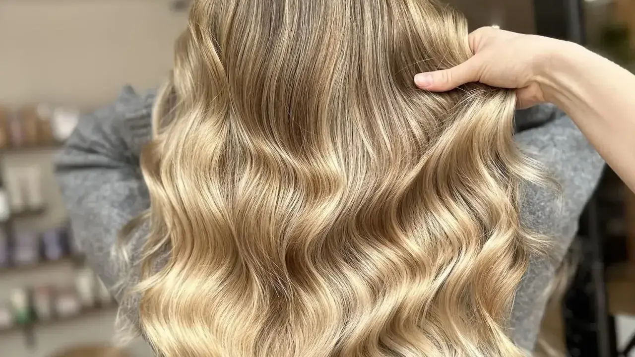 Une chevelure ondulée aux reflets dorés, un blond subtil qui joue avec la lumière.