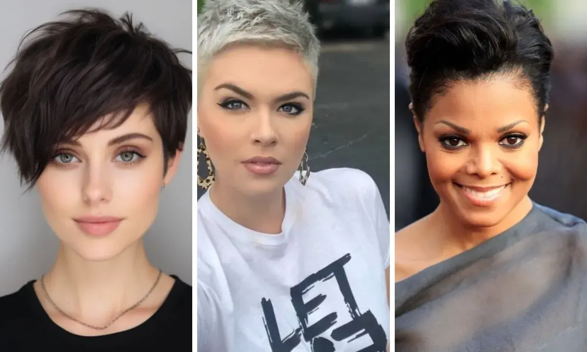 Trois femmes arborent une coupe carré court stylée : une brune aux yeux verts, une blonde platine audacieuse, et une femme souriante à la coiffure volumineuse.