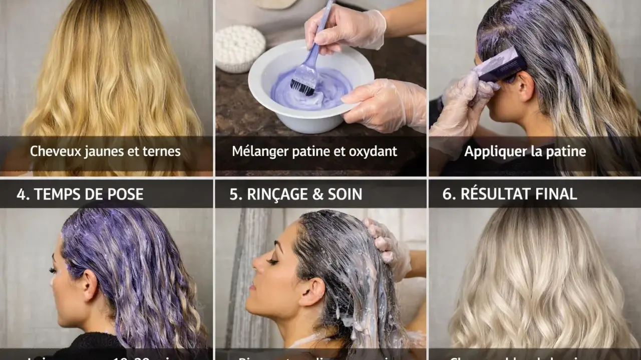Étapes pour une patine parfaite : avant, préparation, application, temps de pose, rinçage et résultat final. Obtenez des cheveux blonds lumineux.