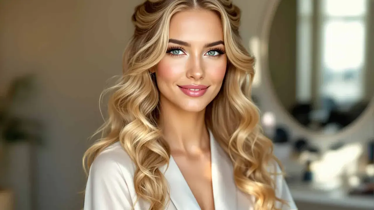 Une femme aux cheveux blonds ondulés, coiffés en boucle anglaise, porte une robe de chambre en satin blanc. Son regard est captivant.