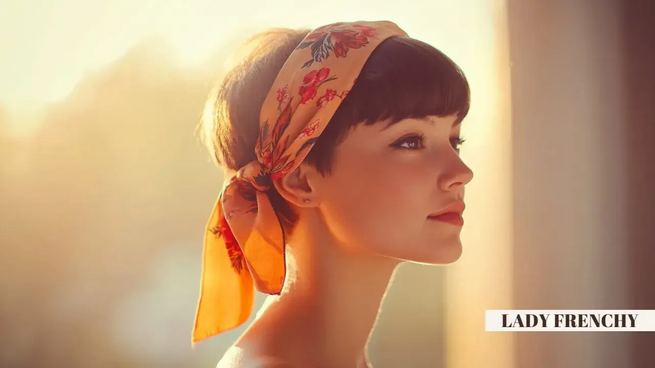 Coiffure hippie femme cheveux court, ornée d'un foulard fleuri. Lumière douce et dorée.