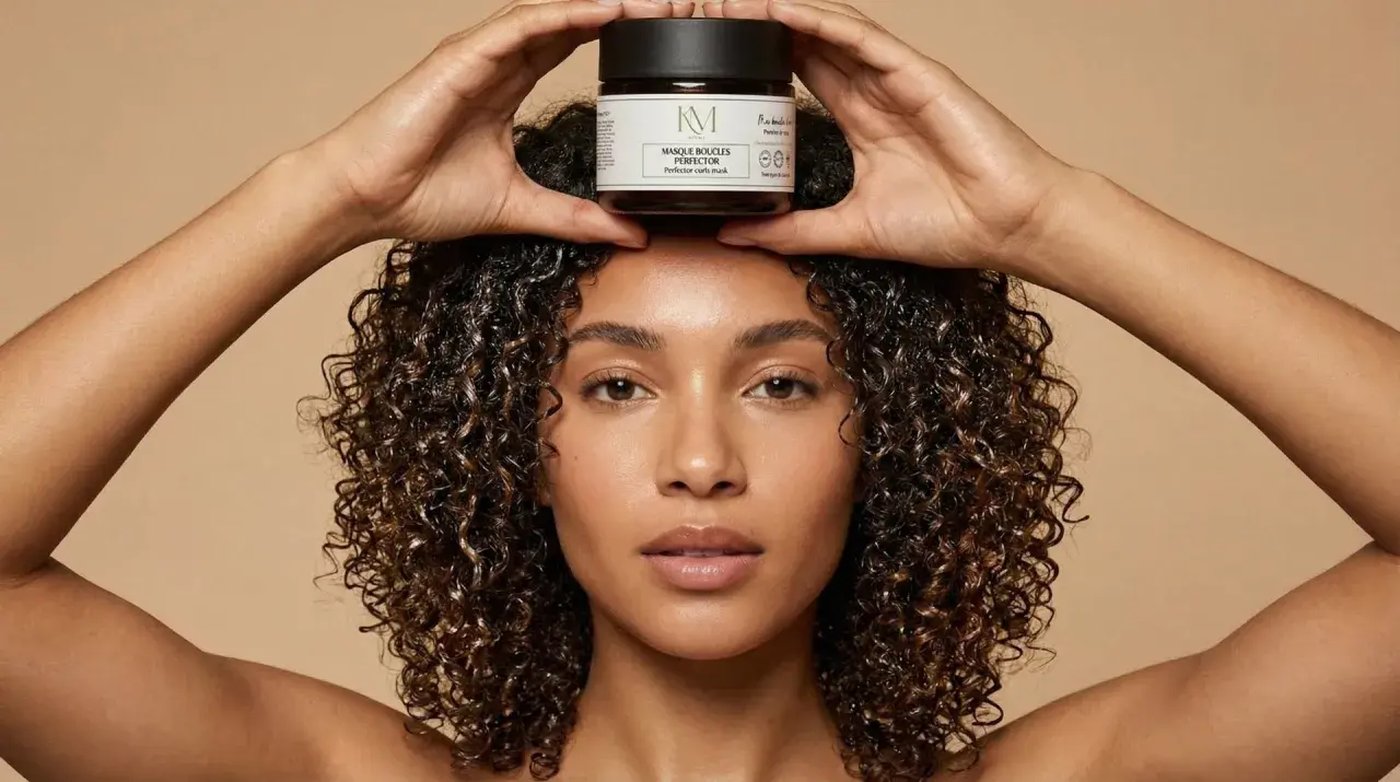 Une femme aux cheveux bouclés tient un pot de masque perfecteur de boucles au beurre de karité au-dessus de sa tête.