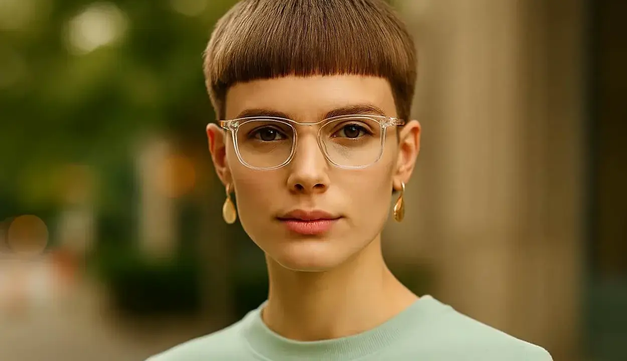 Une jeune femme au regard intense porte une coupe au bol cheveux bouclés, des lunettes transparentes et des boucles d'oreilles dorées.