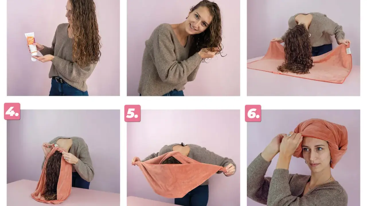 Étapes pour un séchage parfait des cheveux bouclés : application de produit, scrunching, puis pliage de la serviette pour un séchage doux.
