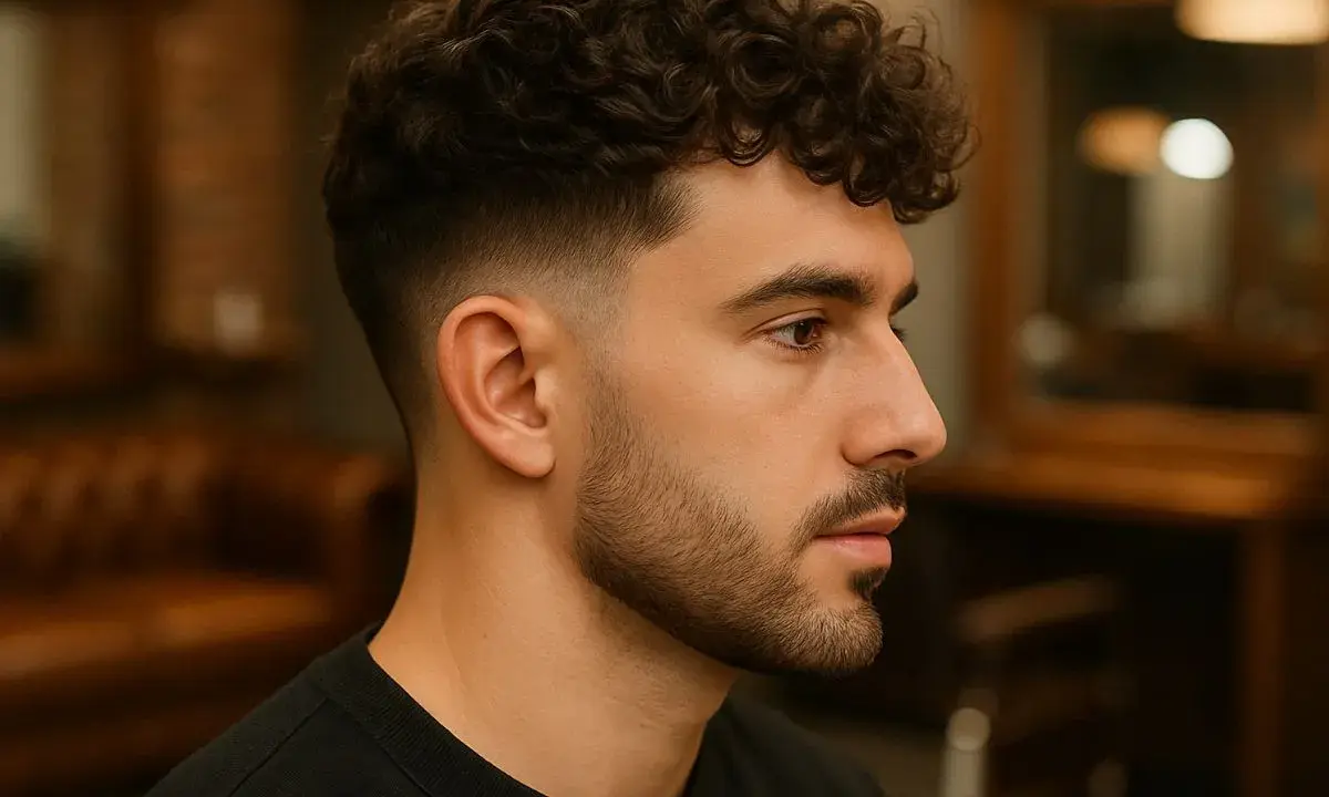 Un homme avec un dégradé et des **cheveux bouclés** sur le dessus, prêt pour une nouvelle journée.