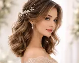 Une jeune femme aux cheveux mi-longs ondulés arbore une coiffure bohème ornée d'une délicate parure de perles et de cristaux.