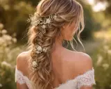 Coiffure bohème chic avec tresse ornée de petites fleurs blanches. Une mariée rayonnante dans un décor champêtre.