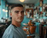 Jeune homme avec une coupe brosse homme impeccable, dans un salon de coiffure vintage.
