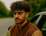 Un jeune homme aux cheveux bouclés, pensif, appuyé contre une voiture en pleine nature.