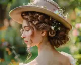 Coiffure avec chapeau de paille ornée de fleurs, une jeune femme aux boucles brunes rêveuses dans un jardin ensoleillé.