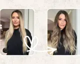 Avant/après : des cheveux blonds lisses transformés en une chevelure ondulée aux reflets subtils grâce à un balayage inversé.