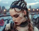 Coiffure rock femme facile : tresses audacieuses ornées de clous, maquillage intense et choker. Une allure rebelle capturée sur fond urbain.