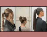 Cinq coiffures plaqué élégantes : chignons, queues de cheval tressées et lissées.