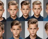 Huit portraits de jeunes garçons présentant différentes versions d'une coupe bébé garçon moderne et stylée.