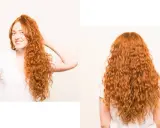 Femme souriante avec de magnifiques cheveux ondulés ou bouclés roux, vus de face et de dos.