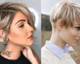 Deux femmes arborent des coupes de cheveux courts stylées, l'une avec un dégradé asymétrique, l'autre avec une pixie blonde.