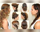 Collage de coiffures avec serre-tête : ondulations bohèmes, chignons sophistiqués, tresses élégantes.