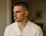 Un homme au regard pensif arbore une coupe homme court impeccable, vêtu d'un gilet en maille crème.