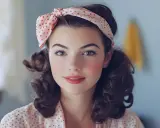 Jeune femme avec une coiffure année 40, des couettes bouclées et un foulard à pois.