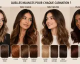Quatre femmes aux teints variés présentent différentes couleurs de cheveux, allant du blond cendré au noir ébène, pour trouver la nuance parfaite.
