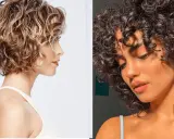 Deux femmes aux cheveux bouclés. L'une a un carré court bouclé naturel blond, l'autre un carré court bouclé naturel brun.