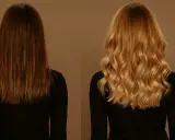 Avant/après : coloration blonde sur brune, résultat éclatant et wavy.