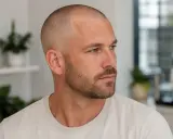 Homme au crâne rasé, avec un léger dégradé calvitie sur le devant. Il porte un t-shirt beige et regarde sur le côté.