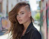 Jeune femme au regard intense, arborant une coupe de cheveux audacieuse : côté rasé, le dessus long et ondulé.