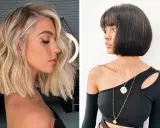 Deux femmes présentent des coupes de cheveux différentes. L'une a des cheveux blonds ondulés, l'autre des cheveux noirs courts. La longueur des cheveux varie.