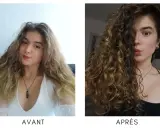 Avant/après : des cheveux raides et ondulés se transforment en boucles définies et volumineuses.