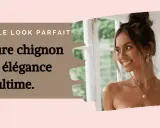 Une femme souriante avec des cheveux ébouriffés en chignon, portant des bijoux dorés. Le texte indique "Coiffure chignon, une élégance ultime.