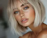 Un portrait de femme aux yeux bleus perçants, un nez parsemé de taches de rousseur et une **mèche blonde devant** encadrant son visage.
