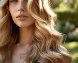 Une femme aux cheveux blonds ondulés, avec un dégradé ombré subtil, sourit doucement dans un jardin ensoleillé.