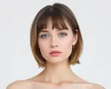 Une femme à la peau pâle avec des yeux bleus perçants et une coupe au carré châtain clair. Une belle couleur cheveux pour peau pâle.