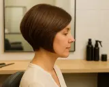 Une femme avec un carré plongeant court, idéal pour des cheveux fins, pose dans un salon de coiffure.