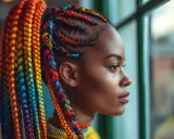 Coiffure cheveux bouclés avec tresse arc-en-ciel, une jeune femme regarde par la fenêtre.