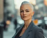 Femme au regard intense, arborant une coiffure rock femme court audacieuse et un blazer gris.