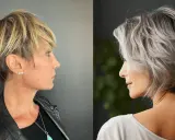 Deux femmes arborent une coupe de cheveux court effilé sauvage, l'une blonde texturisée, l'autre grisonnante et volumineuse.