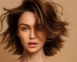 Visage de femme aux cheveux bruns volumineux, une mèche cache un œil. Une inspiration pour une routine cheveux fins.