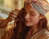 Jeune femme aux cheveux ondulés, portant un bandeau fleuri. Elle semble appliquer un masque sur cheveux sec ou humide, profitant d'une lumière douce.