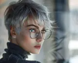 Une femme aux cheveux courts et gris porte des lunettes, son regard intense captivant.