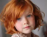 Adorable fillette aux cheveux roux et bouclés, avec une coupe carré. Ses yeux bleus pétillent de malice.