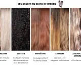 Cinq échantillons de couleur de cheveux, du blond clair au brun foncé, illustrant les effets des teintes Redken Shades EQ Gloss. Chaque couleur de cheveux a un nom et une description.