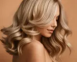 Une femme avec de magnifiques cheveux jaune, ondulés et brillants, pose de profil sur un fond uni.