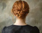 Chevelure rousse magnifiquement coiffée en un chignon bas tressé, orné de quelques mèches libres.