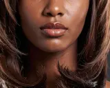 Bouche pulpeuse et brillants, encadrée par un dégradé cheveux long brun, aux reflets chauds.