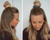 Coiffure simple et rapide cheveux mi long : un chignon haut sur le dessus de la tête, avec le reste des cheveux lâchés.