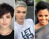 Trois femmes arborent une coupe carré court stylée : une brune aux yeux verts, une blonde platine audacieuse, et une femme souriante à la coiffure volumineuse.