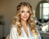 Une femme aux cheveux blonds ondulés, coiffés en boucle anglaise, porte une robe de chambre en satin blanc. Son regard est captivant.