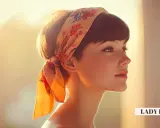 Coiffure hippie femme cheveux court, ornée d'un foulard fleuri. Lumière douce et dorée.